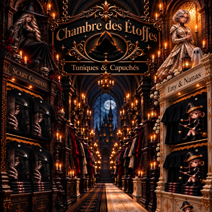 LA CHAMBRE DES ÉTOFFES Chambre des Étoffes de la Scary Company, boutique gothique de Tuniques et Capuchés mêlant l’univers horrifique de Scary et l’univers magique