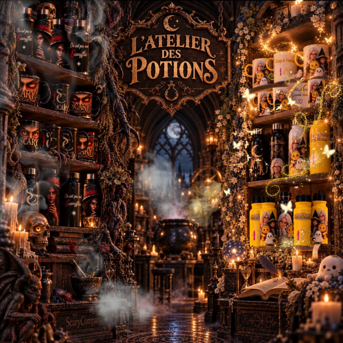 L'ATELIER DES POTIONS Atelier des Potions de la Scary Company, pièce gothique et magique réunissant Calices et Flasques des univers de Scary et d’Emy & Nanas.